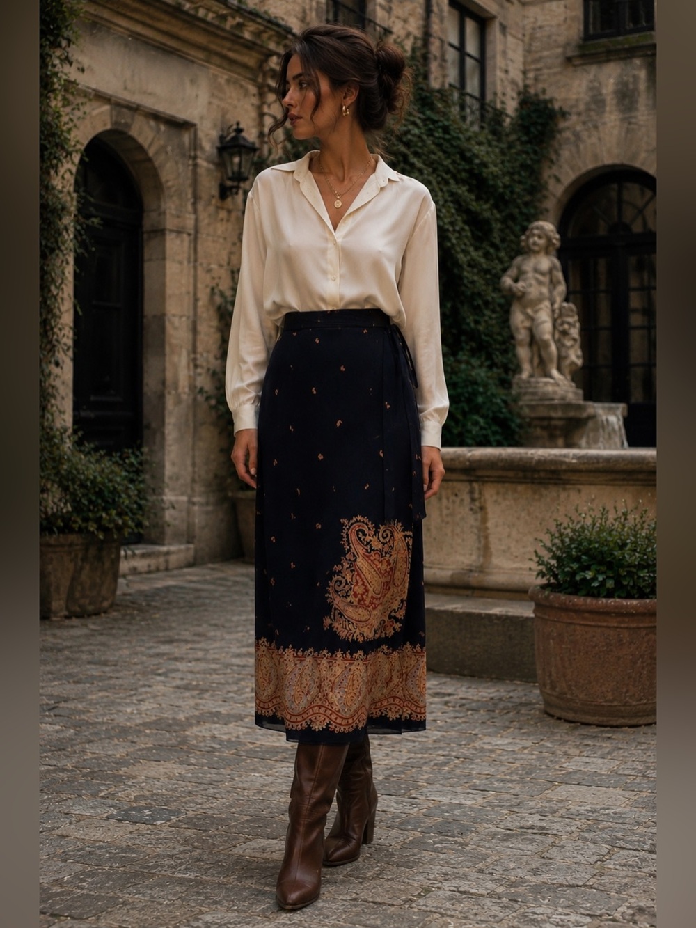 Vintage Dana B. & Karen Silk Paisley Wrap Midi Skirt Size 8 Cottagecore Academia